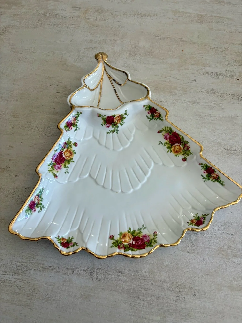 Porcelain Holiday Tree Serving Dish with Gold Trim Royal Albert old country rose